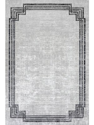 Gri Çerçeveli Etnik Modern Desenli Pamuk Makinada Yıkanabilir Hav Toz Vermez Leke Tutmayan Kaymaz Taban Dijital Makine Baskı Salon Yolluk Mutfak Halı