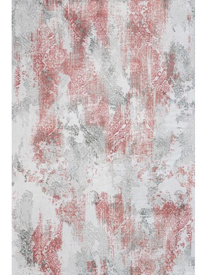 Hali.Net 120x120 cm Pembe Beyaz Şal Deseni Modern Vintage Eskitme Yıkanabilir Halı | Salon Yatak Odası Halısı | Leke Tutmaz Hipoalerjenik | 3507K-DAİRE
