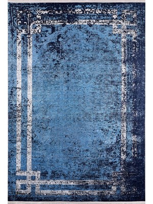 Balasiha Mavi Çerçeveli Etnik Modern Desenli Makinada Yıkanabilir Hav Toz Vermez Leke Tutmayan Kaymaz Taban Dijital Makine Baskı Salon Yolluk Mutfak Halı