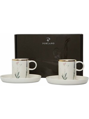 Porland Porselen Kahve Takımı Botanical Desenli 4 Parça Beyaz Kahve ve Çay Sunum Seti
