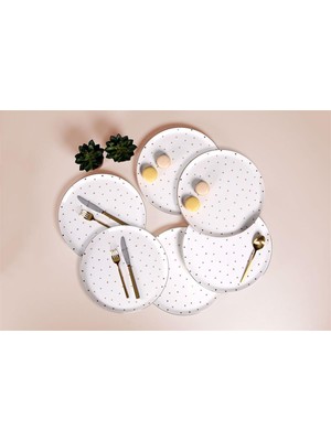 Porland Forest Düz Tabak 28 cm Altın Noktalı Seramik 6'lı Set Şık Sunumlar İçin