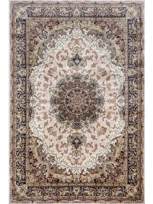 Bespoky 80x150 cm Krem Medalyonlu Klasik Çiçekli Yıkanabilir Halı | Yatak Odası Mutfak Halısı | Leke Tutmayan, Kaymaz | ARTEMİS_SİLK-5158A