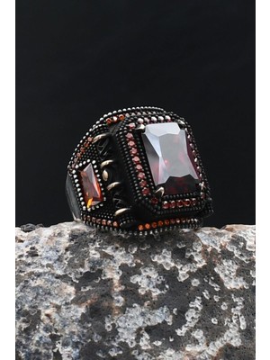 Kırmızı Zirkon Taşlı Kare Tasarımlı 925 Ayar Gümüş Erkek Yüzük 902201