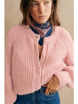 Madmext Pembe Düğmeli Kadın Hırka Selanik Örgü Kalın Dokuma Kumaş Trend Özellik MG2487