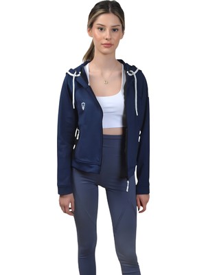 Lacivert Kadın Crop Sweatshirt Fermuarlı Sırt Dekolteli Kapüşonlu Eşofman Üstü