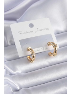 Gold Renk Zirkon Taş Detay Halka Model Pirinç Kadın Küpe