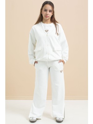 Beyaz Logo Detaylı Düğmeli Hırkalı Kız Çocuk Yırtmaçlı 3'lü Atl-Üst Takım 21375