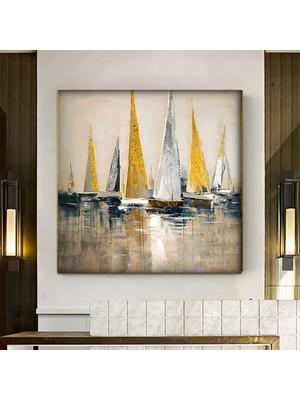 Yat Kanvası, Altın Gemi Resmi, Soyut Yelkenli Duvar Tablosu, Simli Dokulu Sanat