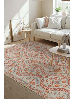 Nora Krem / Turuncu  Çiçekli Dokuma Tabanlı Modern Şönil Halı Al 490