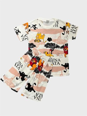 Erkek Çocuk Pamuklu Beyaz Aslan Desenli Kısa Kollu Şortlu Yazlık Pijama Takımı