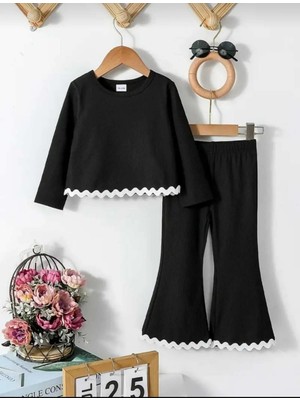 Kız Çocuk Alt Üst Takım Su Taşı Detaylı Ispanyol Paça Pantolon Okul Kreş Ilokul Anaokul