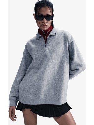 Nike Spornike Sportswear Fleece 1/4 Zipped Oversized Sweatshirt Kadın Oversize 1/4 Fermuarlı Sweatshirt Gri
