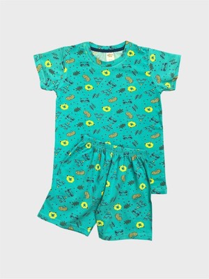 Erkek Çocuk %100 Pamuklu Yeşil Ayıcık Desenli Kısa Kollu Şortlu Yazlık Pijama Takımı