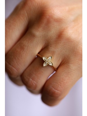 14 Ayar Altın Ekru Mineli ve Taşlı Lilyum Yüzük