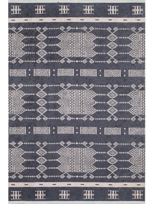 Bespoky 80x150 cm Siyah Modern Etnik Yıkanabilir Halı | Mutfak Balkon Yatak Odası Halısı | Leke Tutmayan Kaymaz | HALN-HLN1707