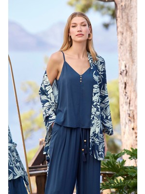 Monamise Kadın Yaprak Desenli Dekolteli V Yaka 3'lü Alt Üst Takım 25012