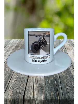 Motor Tamircisi Meslek Baskılı Türk Kahvesi Fincanı Tabaklı Kişiye Özel Model 5