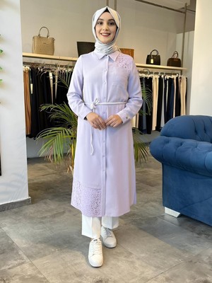 Gömlek Yaka Dantel Detaylı Uzun Lavanta Tunik T-1451