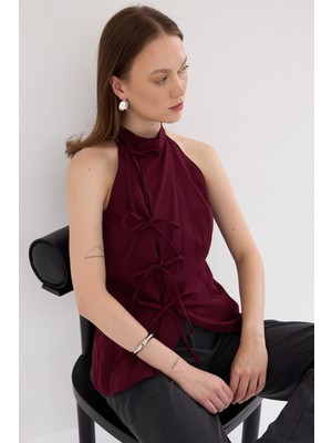 Bordo Ön Bağlama Detaylı Halter Yaka Bluz 8094A