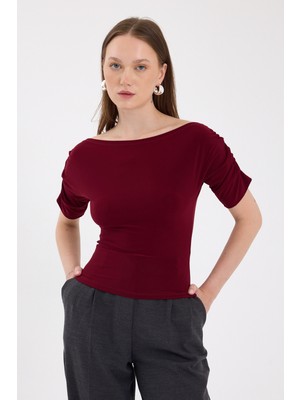 Bordo Kayık Yaka Kol Büzgülü Bluz 2515