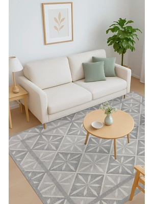 Nora Gri Geometrik Desenli Dokuma Tabanlı Modern Şönil Halı Al 502