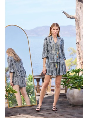 Monamise Kadın Desenli Truvakar Kollu V Yaka Alt Üst Takım 25044