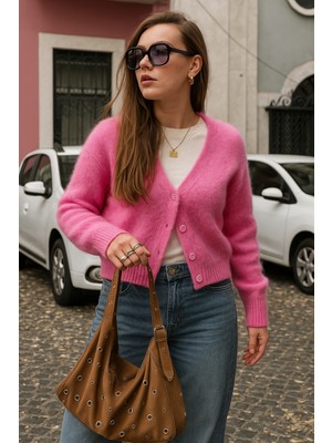 Pembe V Yaka Kadın Triko Hırka MG2462