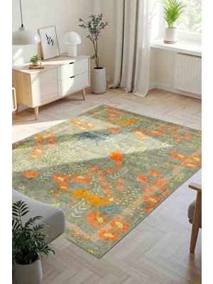 Florart Zeytin Yeşili / Turuncu  Doğa Temalı Çiçekli Dokuma Tabanlı Modern Şönil Halı Al 483