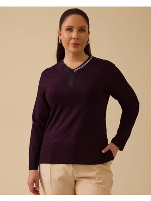 Büyük Beden V Yajakı Uzun Kollu Şerit Detaylı Bluz Gala-Xi