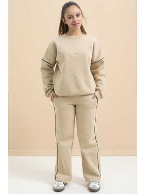 Bej Payet Işlemeli Şardonlu Kız Çocuk 2li Eşofman Takımı 21427