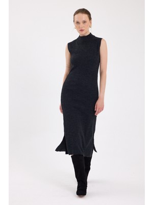 Antrasit Sıfır Kol Triko Midi Elbise 2232