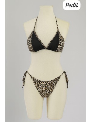 Kadın Siyah ve Leopar Detaylı Yandan Bağlamalı Bikini Takımı
