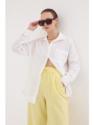 Beyaz Oversize %100 Pamuk Müslin Gömlek 4786A