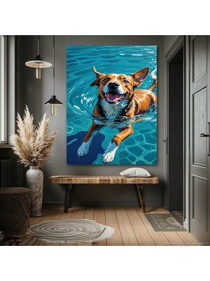 Özkacar Group Havuzda Yüzen Köpek Kanvas Tablo Ev Duvar Salon Ofis Dükkan Hediyelik Dekarasyon Süsü
