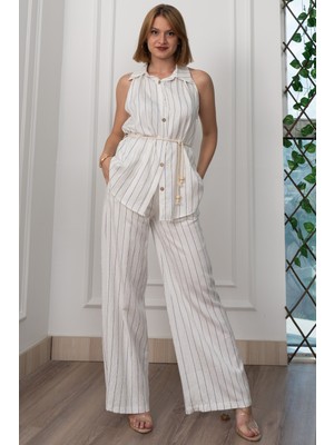 Çizgili Kolsuz Gömlek ve Bol Paça Pantolon 1253