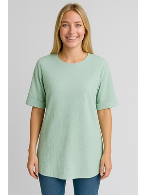 Kadın Oversize Kalıp Bürümcük Kumaş Duble Kol Yandan Yırtmaçlı T-Shirt Bluz - T954