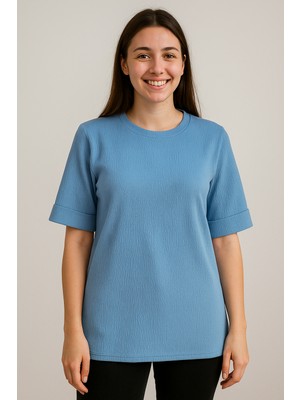 Kadın Oversize Kalıp Bürümcük Kumaş Duble Kol Yandan Yırtmaçlı T-Shirt Bluz - T954