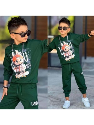 3-10 Yaş Erkek Labubu Baskılı Kapşonlu Eşofman Takım- 60293400 - Yeşil