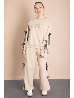 Bej Yanları Fiyonk Detaylı Geniş Paça Kız Çocuk Eşofman Takımı 21199