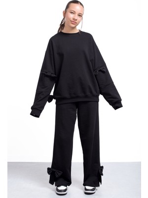 Siyah Yırtmaçlı Paça Fiyonk Detaylı Kız Çocuk 2li Eşofman Takımı 21215