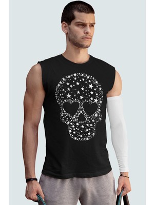 Yıldızlı Kurukafa Siyah Kesik Kol | Kolsuz Erkek Tshirt | Atlet