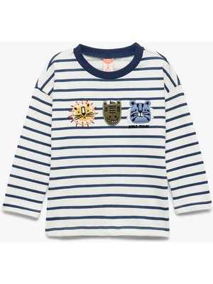 Pamuklu Bisiklet Yaka Hayvan Nakışlı Uzun Kollu Tişört