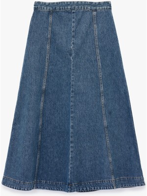 Volanlı Pamuklu Denim Midi Etek