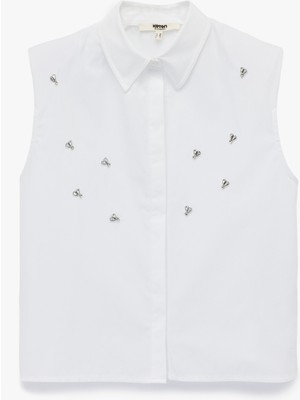 Regular Fit Klasik Yaka Pamuklu Kolsuz Taşlı Gömlek