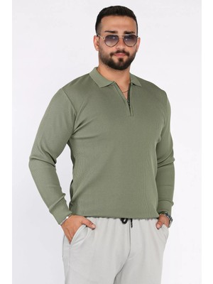 Erkek Polo Yaka Çizgi Desenli Yarım Fermuarlı Triko Kazak P-00017901