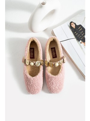 Kadın Peluş Toka Detay Düz Taban Ev Babet