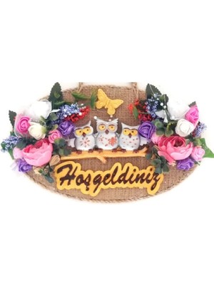 Baykuş Ailesi Hoşgeldiniz Yazılı Çiçekli El Yapımı Kapı Süsü