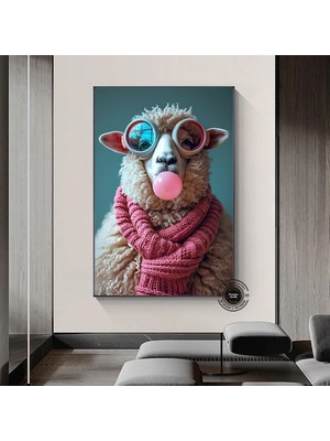 Güneş Gözlüklü Serin Koyun Kanvası, Mizahi Hayvan Posteri, Modern Çiftlik Evi Dekoru