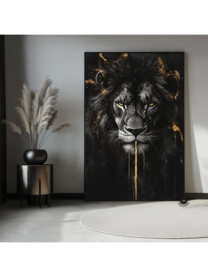 Aslan Soyut Kanvası, Siyah & Altın Aslan, Şık Duvar Dekoru