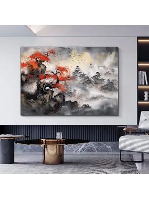 Japon Dağ Manzaralı Kanvas, Asya Tarzı Ev Dekoru, Japon Doğa Tablosu